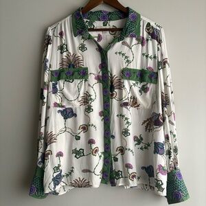 LOFT XL Peacock Floral Boho Button Down Blouse Green Purple